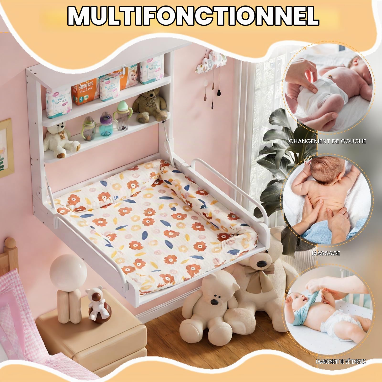 MSFE Table a Langer Bebe Table à Langer Murale Pliable en Bois, Commode a Langer Poupée - Ultra Compacte avec 2 Étagères Pratiques - Peu Encombrante - Supporte Jusqu'à 15 kg, Blanc