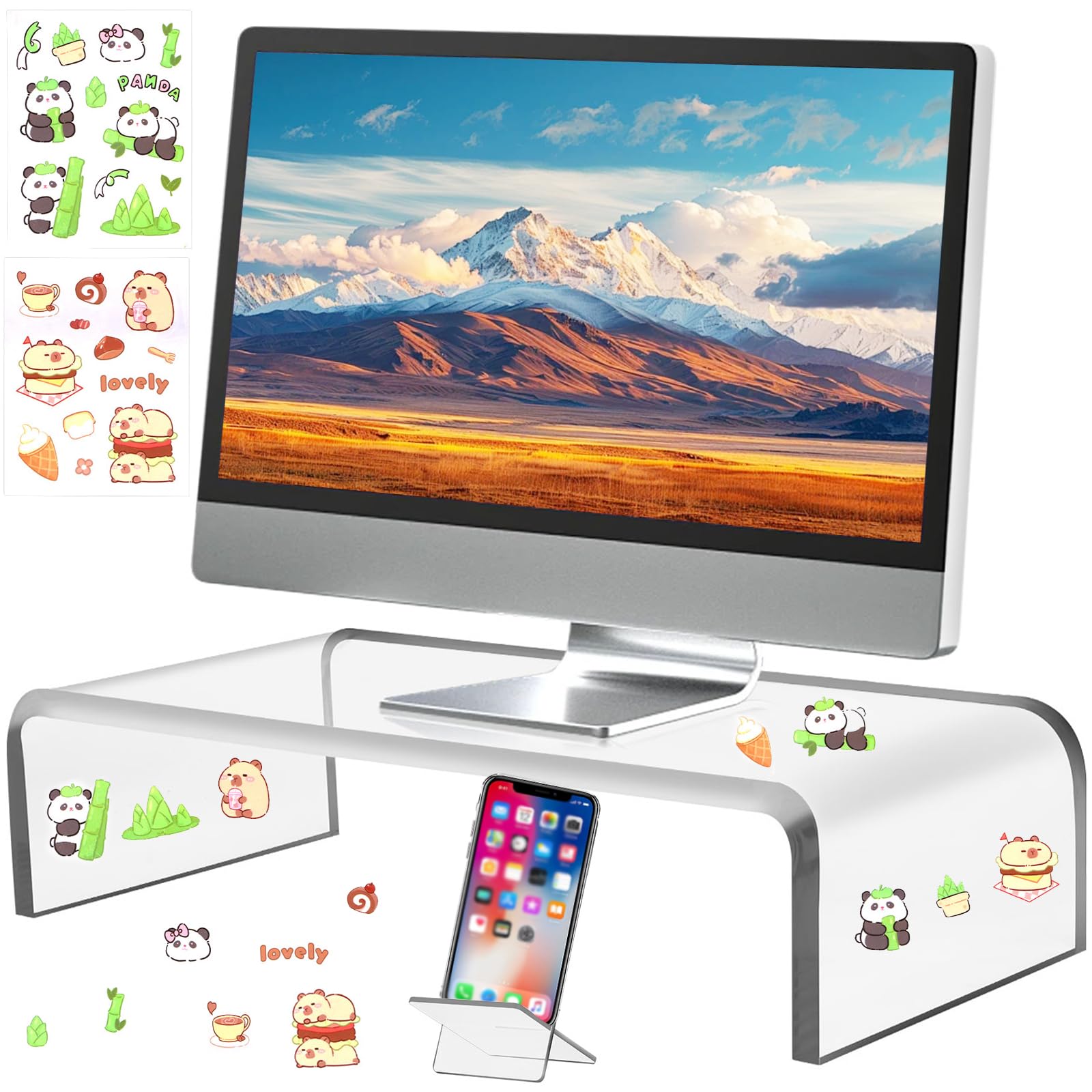 Soporte para Monitor Acrílico,Soporte de Monitor Transparencia,Elevador Monitor con Soporte para Teléfono Móvil,Soporte de Escritorio para Ordenador Portátil,Pantallas,Ordenador(41.5X20X10cm)