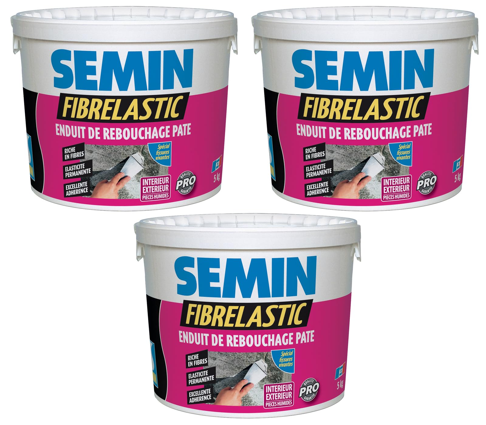 Enduit de Rebouchage Élastique Fibrelastic à Base de Fibre de Verre pour Fissures Vivantes, Intérieur/Extérieur, seau de 5 kg, Lot de 3