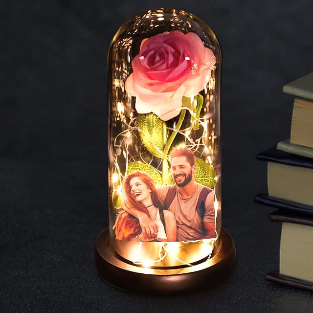 Custom Beauty and The Beast Rose Kit Night Light,Personalized Picture Rose Lamp in Glass Dome,Customized Photo Light Gifts for Home Decor Holiday Party Wedding Anniversary.