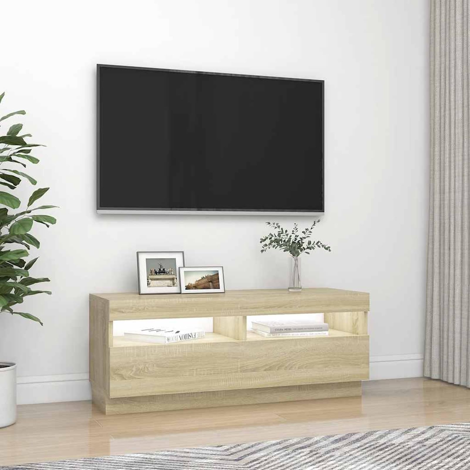 Estante TV con Luces LED RGB - Roble Sonoma - 100x35x40 cm - Montaje Fácil - Soporta DVD, Consola y Streaming