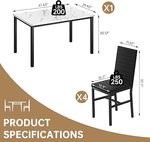 Miniatura 10 de Recaceik Juego de 4 mesas y sillas de comedor, mesa de comedor de mármol sintético con 4 sillas tapizadas de terciopelo, cocina y comedor (blanco y
