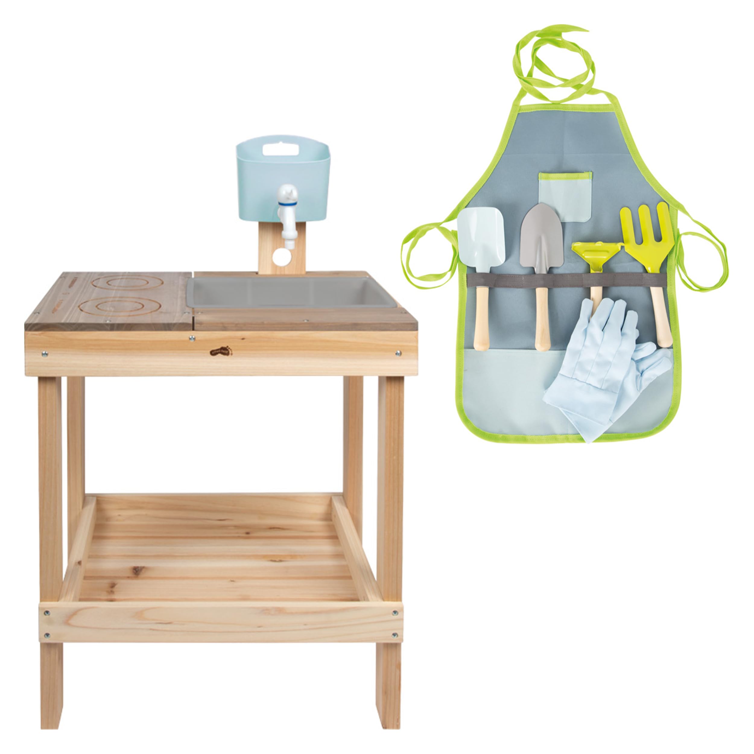 small foot Juego de cocina de barro para niños con juego de agua y juego de jardín, color verde | Cocina de juguete para exteriores con dispensador de agua, herramientas de jardín, placa de cocina y delantal