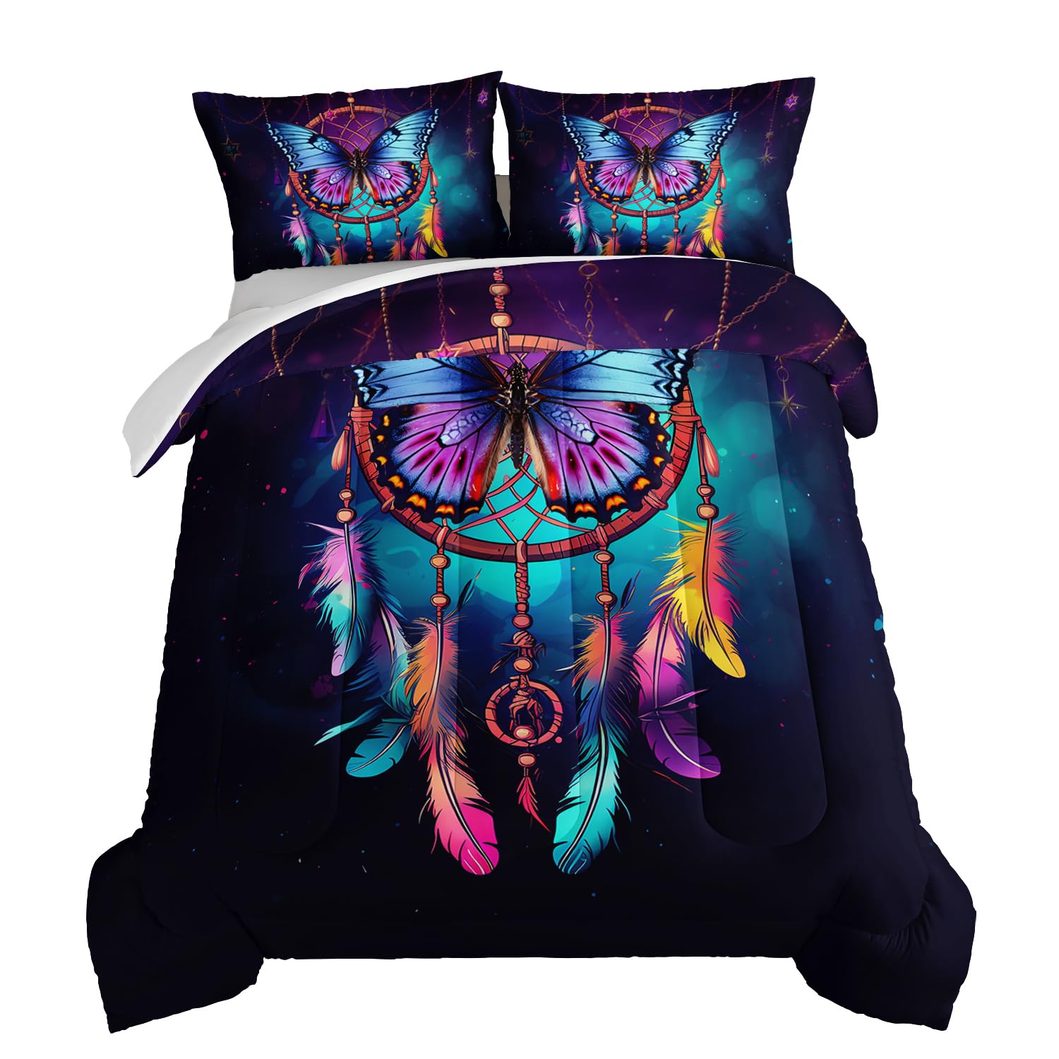 HOSIMA Set di biancheria da letto con acchiappasogni, 3 pezzi, stile indiano, hippie, piume, stile bohémien, chic, per adolescenti, adulti, ragazze, decorazione per la camera dei nativi americani,