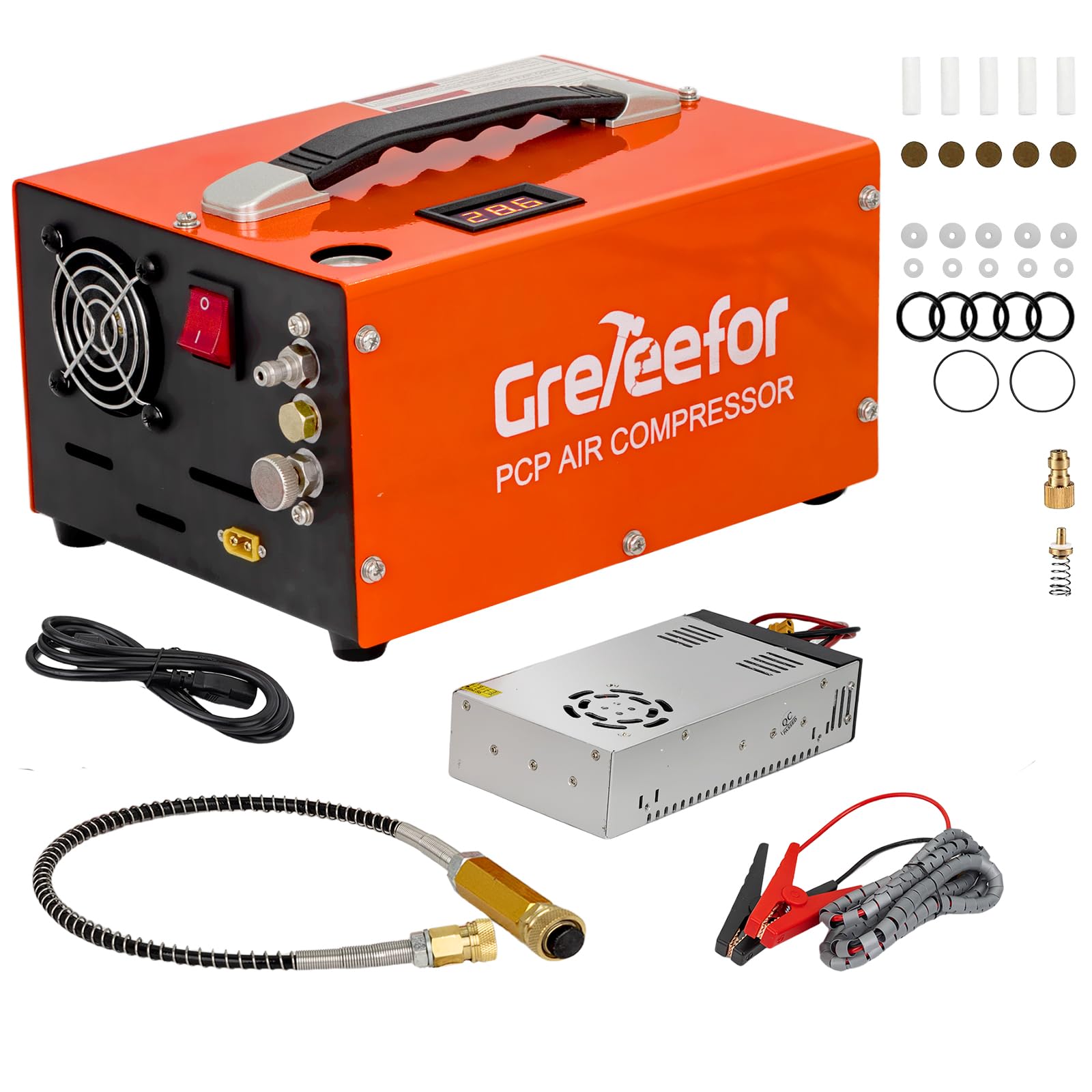 Photo 1 of PCP Air Compressor, 4500?PSI / 30?MPa, Dual Power Car 12V DC or Home 110V/220V AC, Retractable Handle, Water/Oil-Free for Paintball/PCP Rifle/HPA Tank, Manual Stop, 250W, Orange