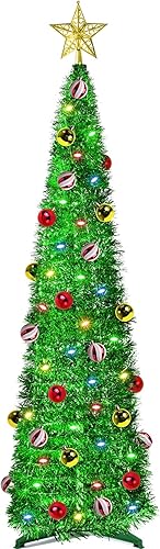 Cuatro luces de color Árbol de Navidad desplegable de oropel de 5 pies con temporizador, 60 luces, 25 adornos de bola, 4 modos, estrella 3D,