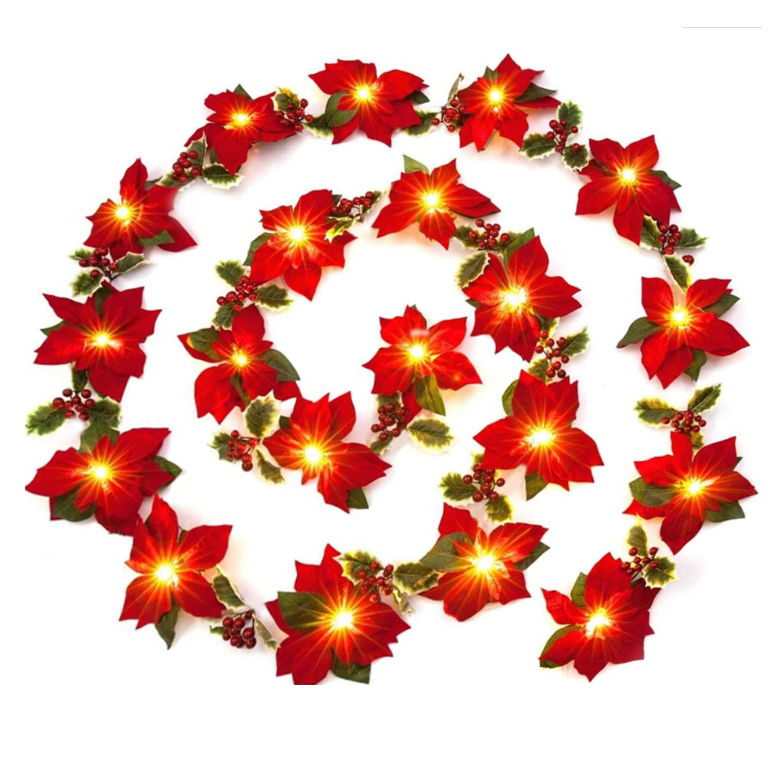 Bseical Christmas Garland with Lights Poinsettia Christmas Flowers Artificial Light up Battery Powered LED Warm White, Poinsettia Garland with Red Berries Christmas Tree Decorations, Xmas Garland