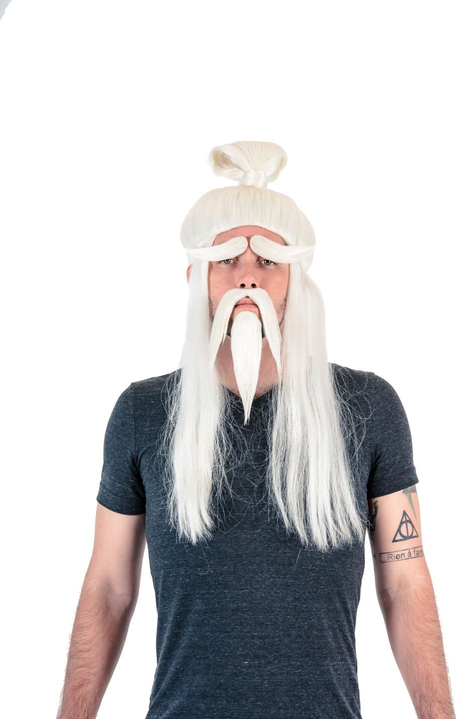 Adult Halloween White Fu Manchu Beard and Wig Costume Accessory