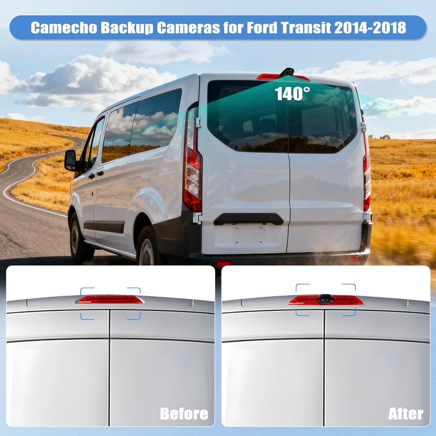 Camecho Top Rear Dual Backup Camera Rear View Compatible for Ford Transit 2014 2015 2016 2017 2018 Van Truck AHD IR Night Vision Waterproof Roof Mount Reversing Brake Light Parking Assist Replaces