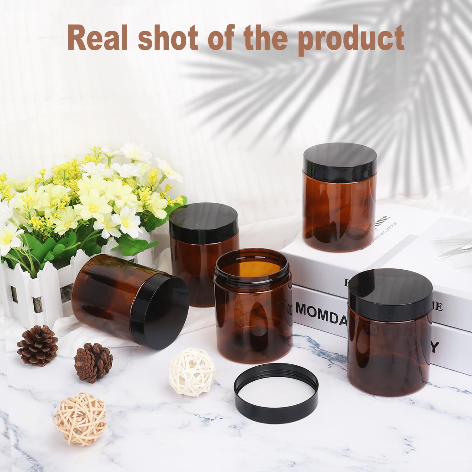 47 Packs 8 oz Plastic Jars with Black Lids, 8 oz Cosmetic Containers jars with Wide-Mouth for beads, rhinestones, sequins Cosmetics, Lotion, Cream, Ointments and More by KUKLIPJIM. (Brown)