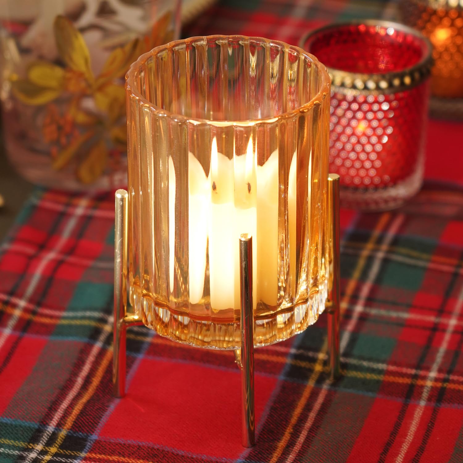 Pure Home + Living Light Amber Ribbed Glass Hurricane with Metal Stand – Small adds a Warm, Elegant Glow to Living Rooms, Dining Tables, or Shelves, Perfect for Any Occasion décor.(Pack of 1)-image-15