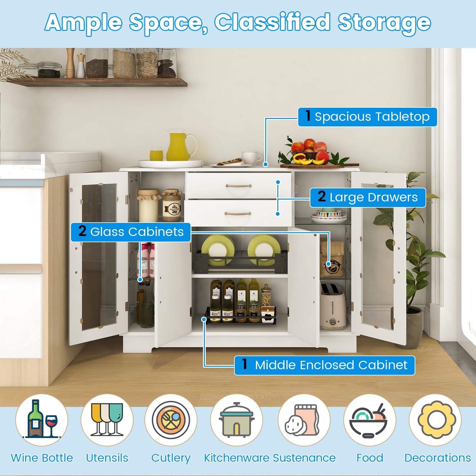 KOMFOTTEU Buffetschrank 170cm - Küchenschrank Mit Arbeitsplatte, 2 Schubladen, Schwarz