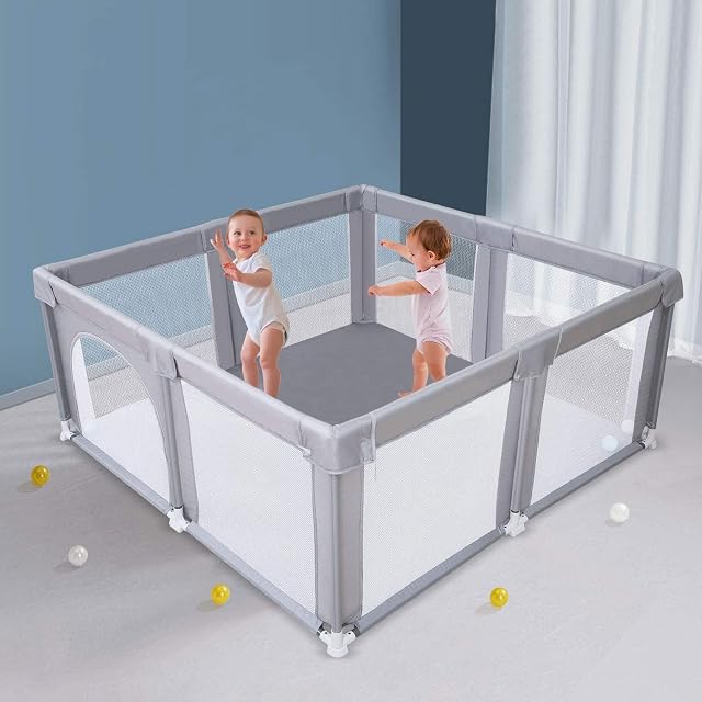Large Baby Playpen with Super Soft Breathable Mesh Anti-Slip Base Extra Large Sturdy Safety Play Yard Kids Activity Center Stable for Infants Toddlers Indoor Outdoor 59''x59''x23.6''