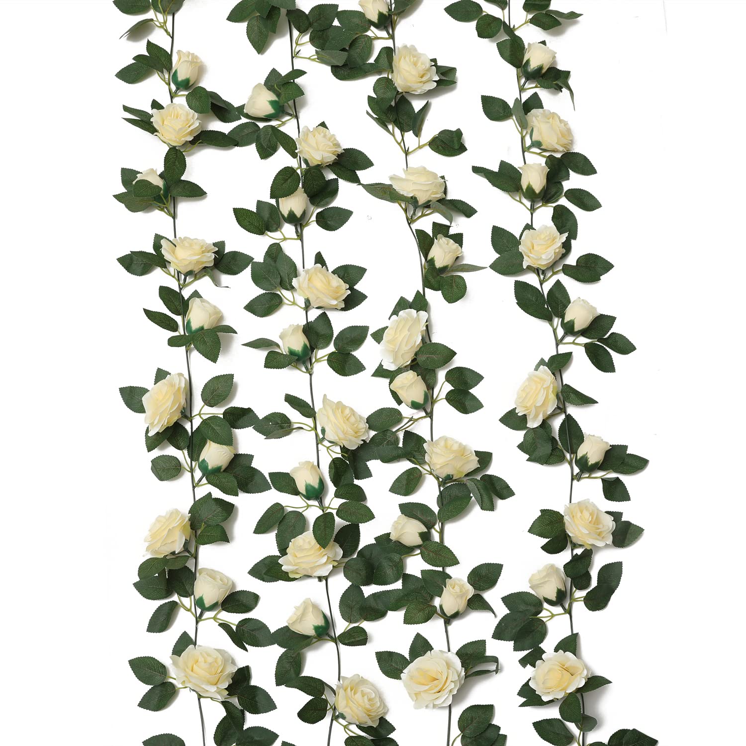 Artificial Flowers Garland 4 Pack Fake Silk Rose Vine with Leaves Hanging Plants for Wedding Party Holiday Decoration (Cream, 4)