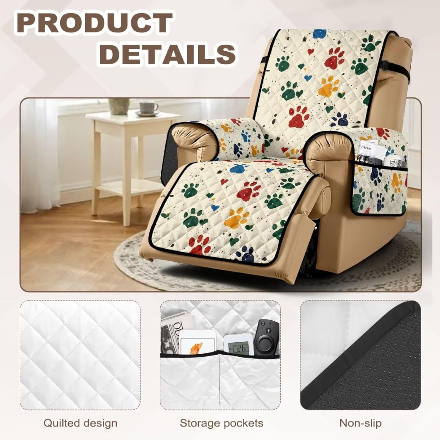 ZDCUSTOM Dog Paws Print Water-Resistant Recliner Cover with Non Slip Backing, Recliner Chair Covers with Elastic Band and Pocket for Reclining Chairs