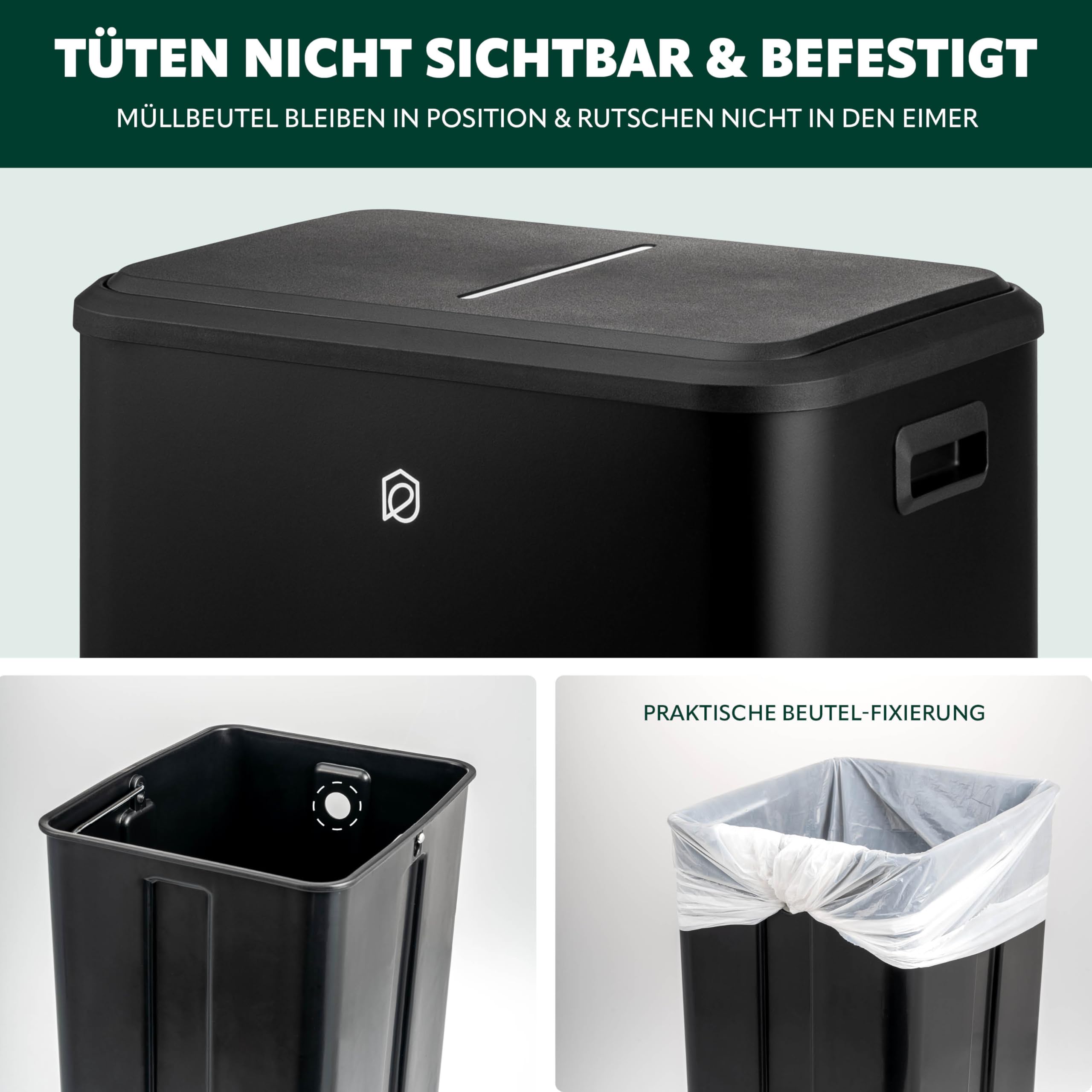 eluno Abfalleimer, Treteimer - 2 Fächern mit je 15 Liter Fassungsvermögen, herausnehmbare Inneneimer aus Kunststoff, seitliche Griffe, großes Fußpedal, Mülltrennsystem, Soft-Close Deckel (Schwarz)