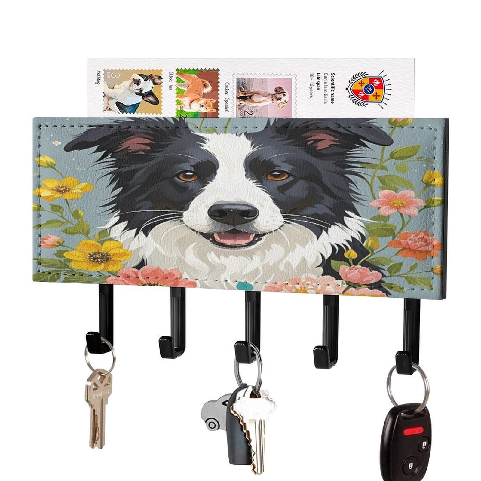 Vstadank Black-Style Border Collie Florals Key Holder Wall Mount Pu Key Rack Decorative Key And Mail Holder Wall Key Organizer With 5 Key Hooks Key Hanger For Entryway Kitchen Living Room Office Doorway Decor Black