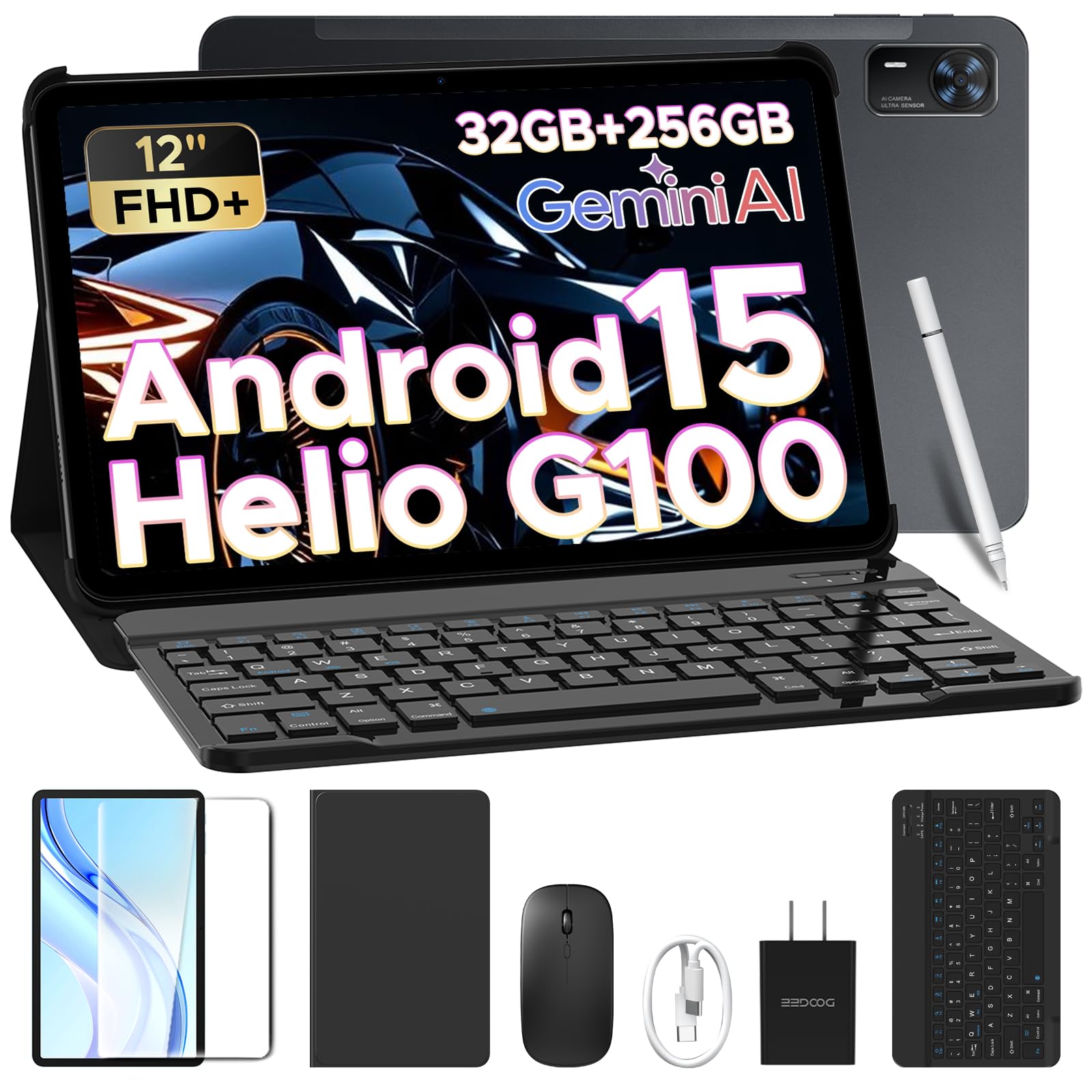 DOOGEE Tab E3+ 12 inch Tablet with Keyboard, 2.4K & 90 Hz Display, Helio G100 Octa-Core Gaming Tablet with Gemini AI, 7.6mm Metal Body, 8800mAh, 32GB+256GB/TF 2TB, Tablet with Pen, Mouse & C