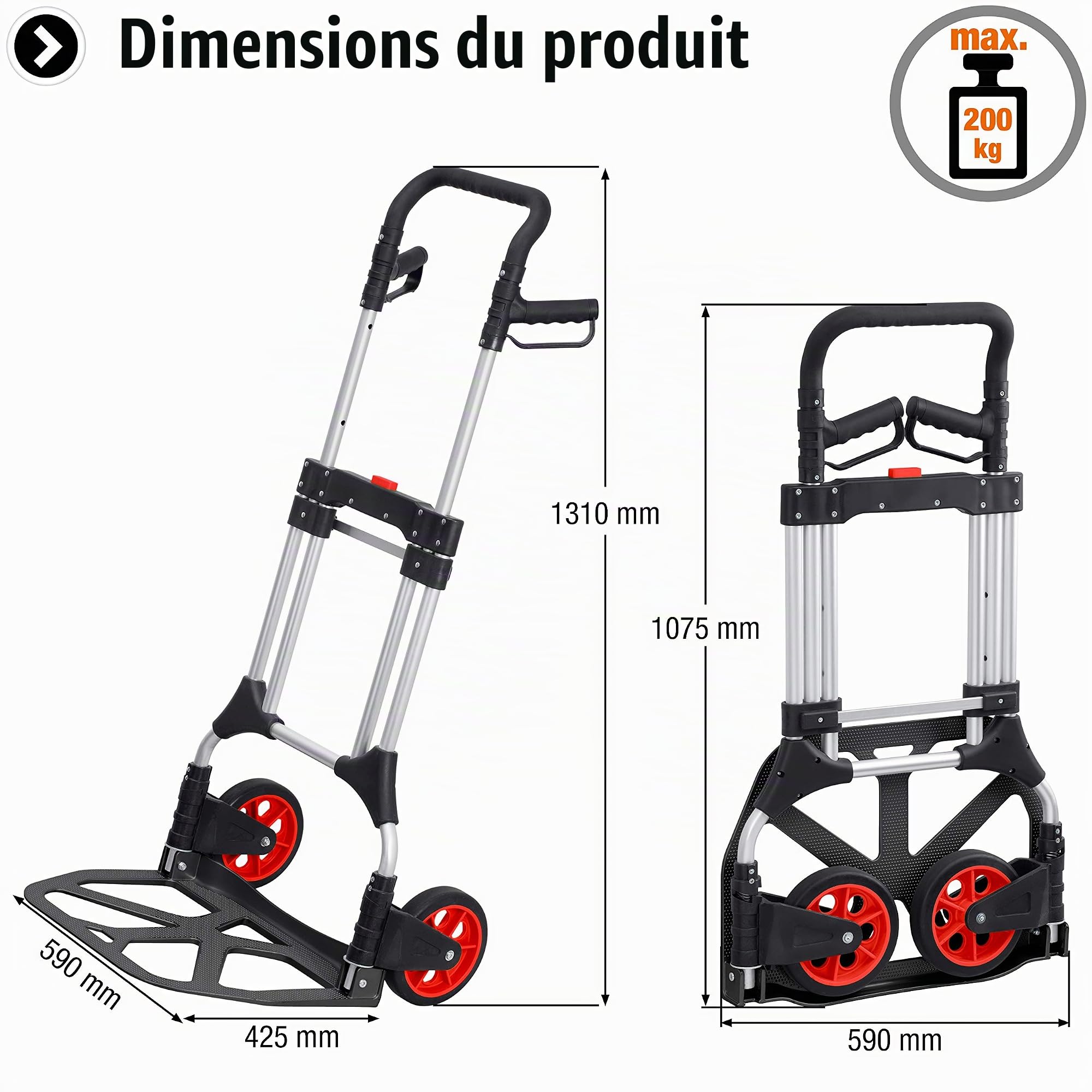 Meister 8985710 200 kg Capacity Foldable with Wheels Triple Height Adjustable Handle Large Loading Area with Solid Rubber Tread Aluminium Hand Truck