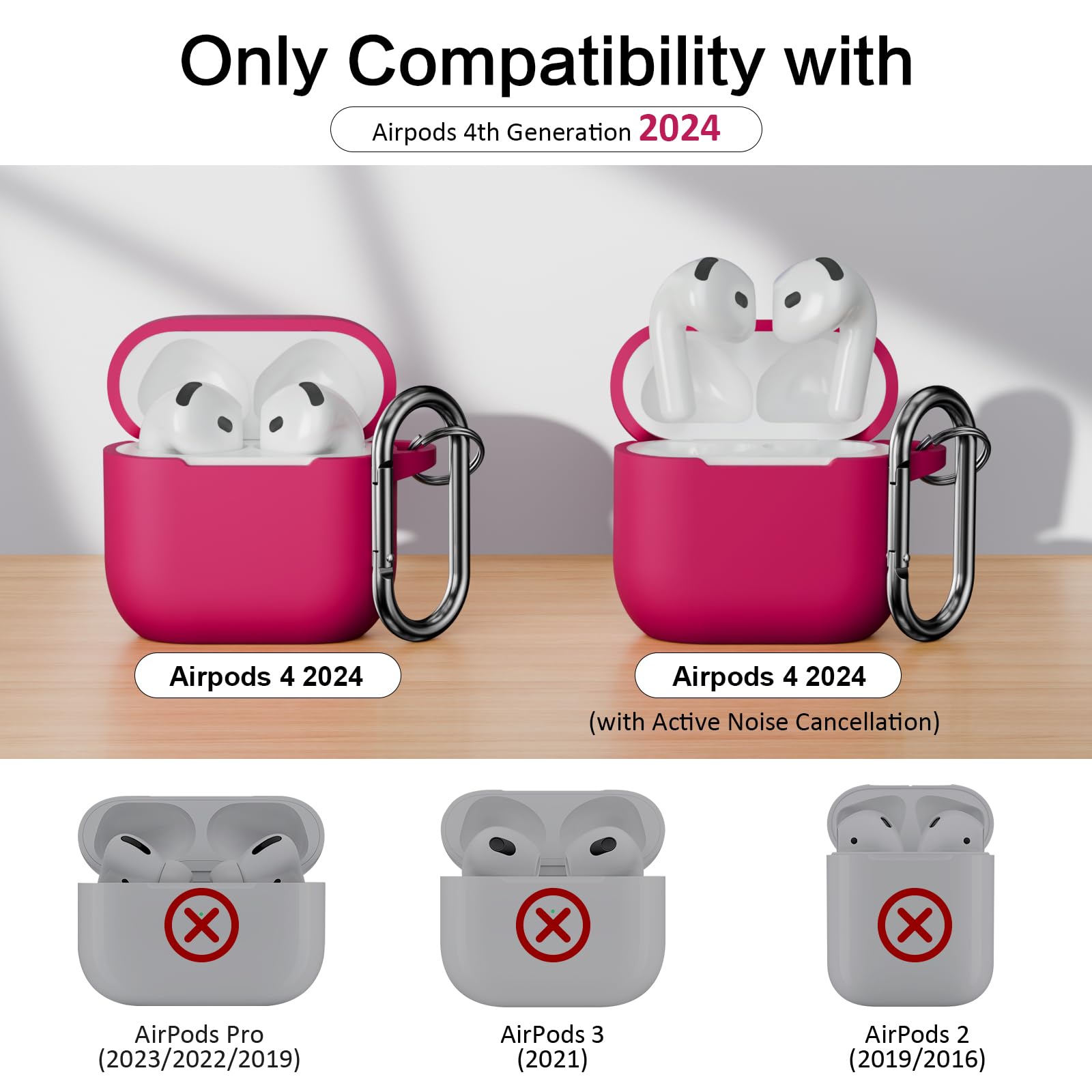 Compatibile con AirPods 4 Custodia Case Cover, Case Protettiva Antiurto Antiscivolo in Silicone per AirPods 4a Generazione (2024) (USB-C) Custodia con Moschettone, Rose Pink