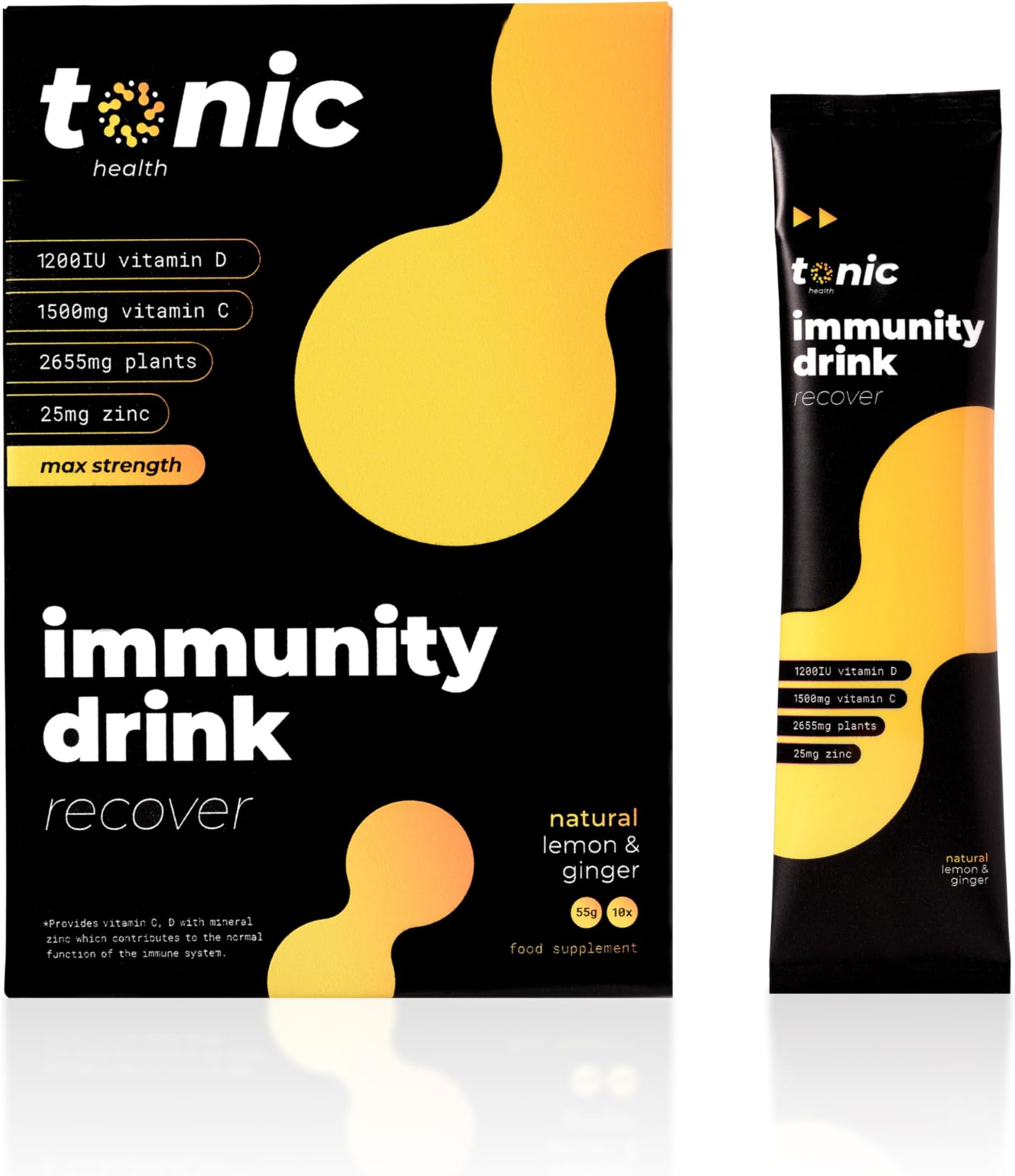 Tonic HIGH-DOSE Day Vitamin Drink x1 Pack = 10 doses. Honey & Lemon MAX Strength Immune Support. Vitamin C 1500mg, Vitamin D 30ug, Zinc 25mg. Vegetarian high Impact Immune System Vitamin Drink
