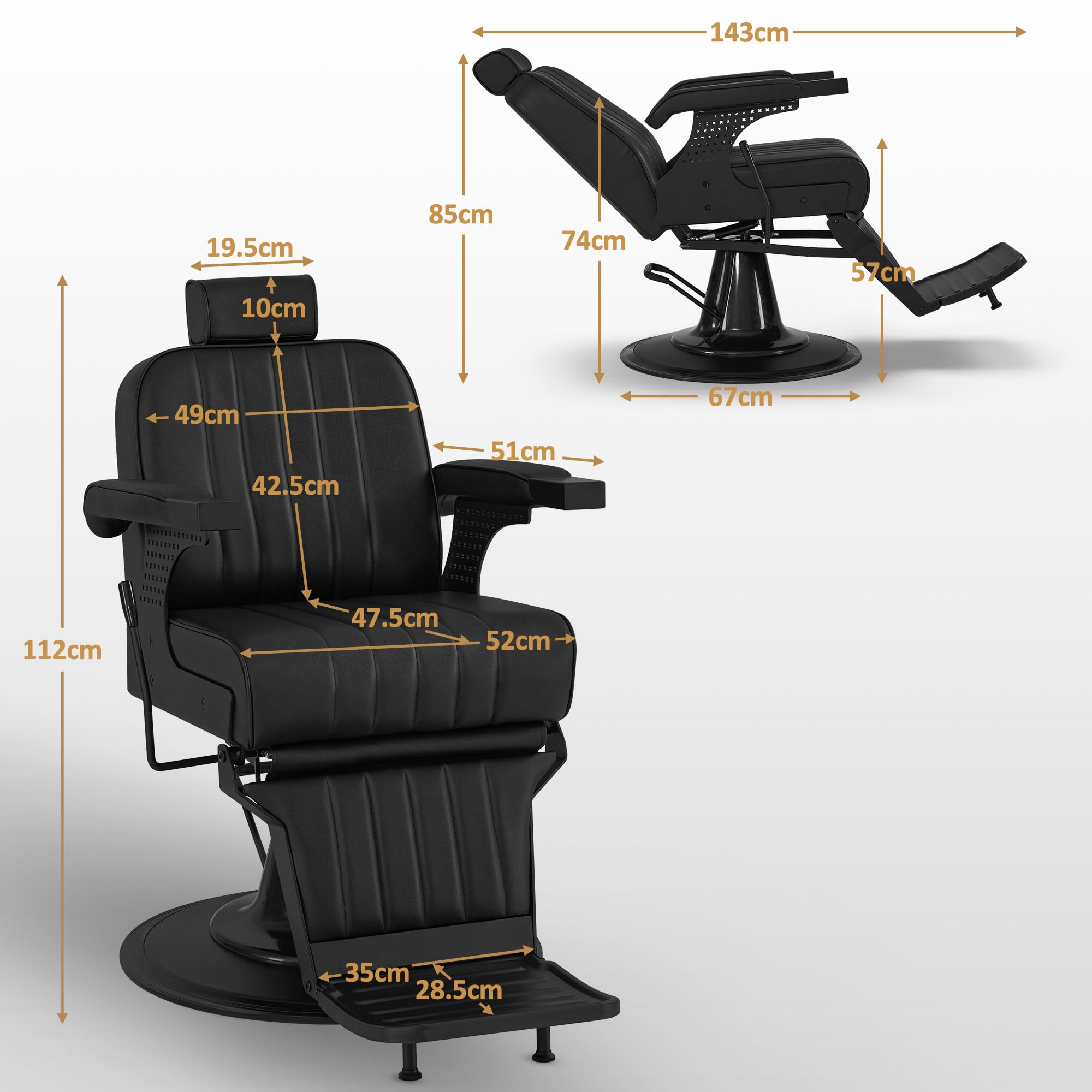 Barberpub Friseurstuhl mit Kopfstütze Kippbar, Friseureinrichtung mit Hydraulikpumpe 360° Drehbar, Bedienungsstuhl Höhenverstellbar, Barber Stuhl Friseurstühle Kunstleder, 3884 (Schwarz)