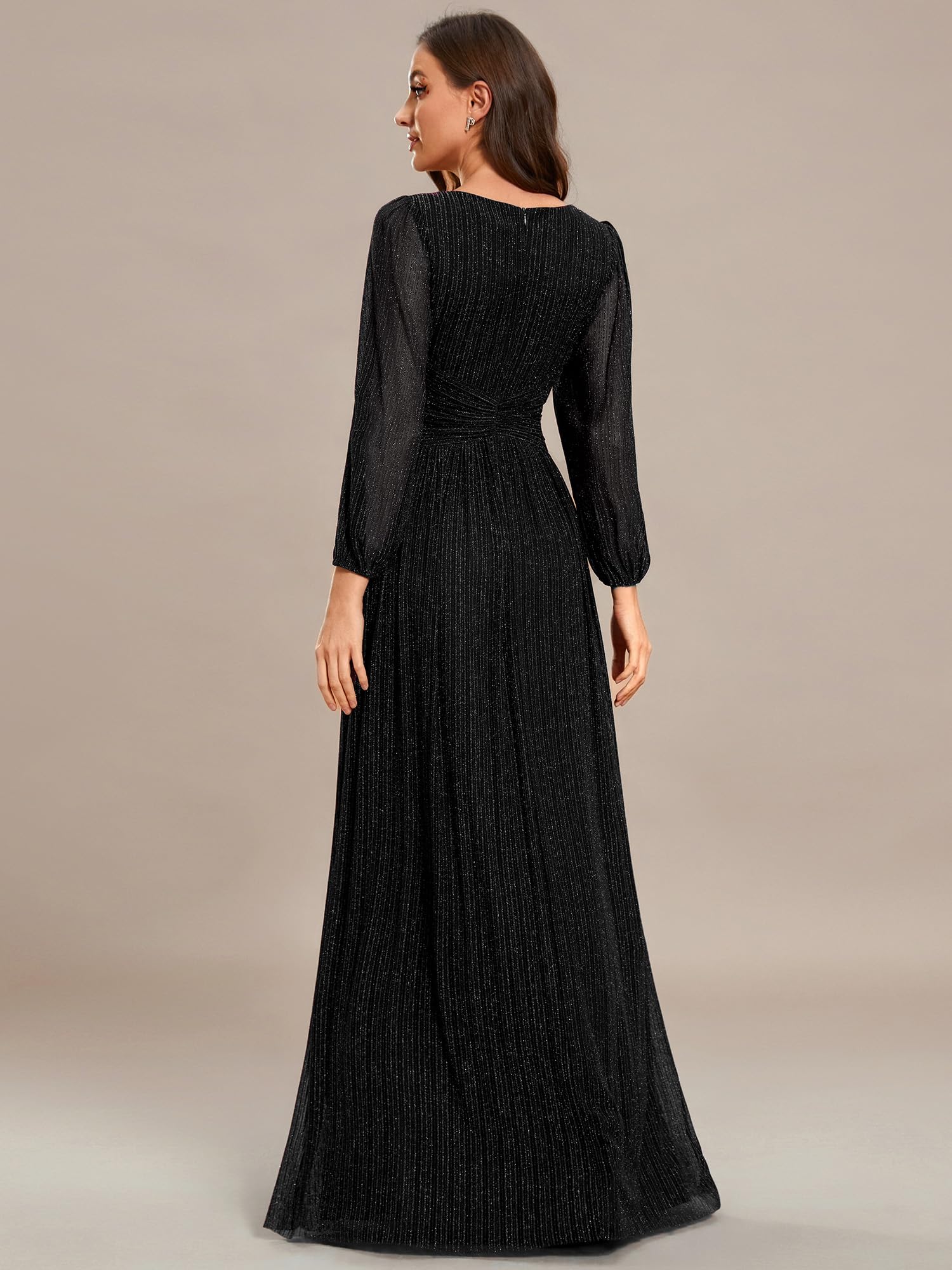 Ever-Pretty Vestido formal de noche para mujer, manga larga, cuello en V, plisado, cintura imperio, longitud hasta el suelo, talla grande