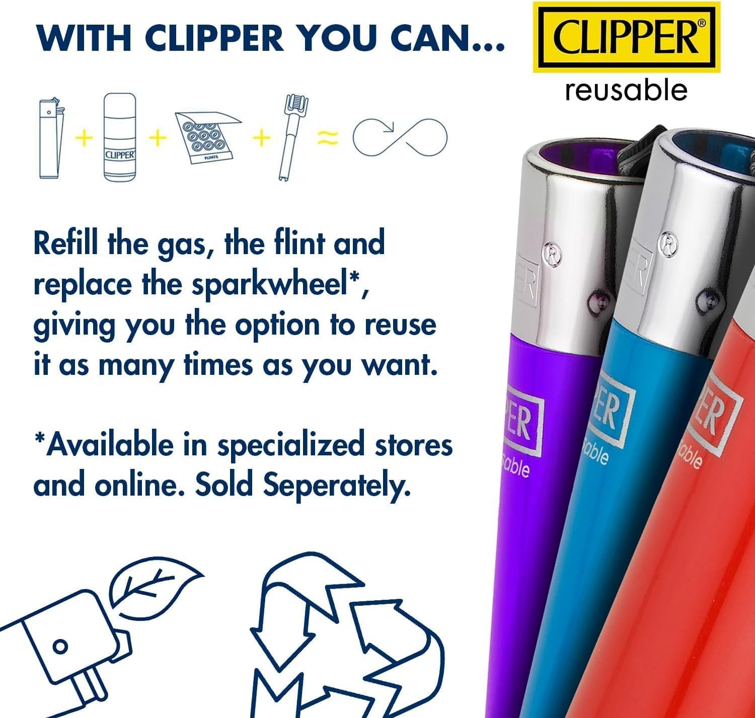 Pack de 48 Encendedores Clipper - Seguros y Recargables - Colores Variados - Refillable +5 Gas ISOBUTANO para MECHEROS + Clipper 9 Piedras de Mechero (Nebula Mix 1)