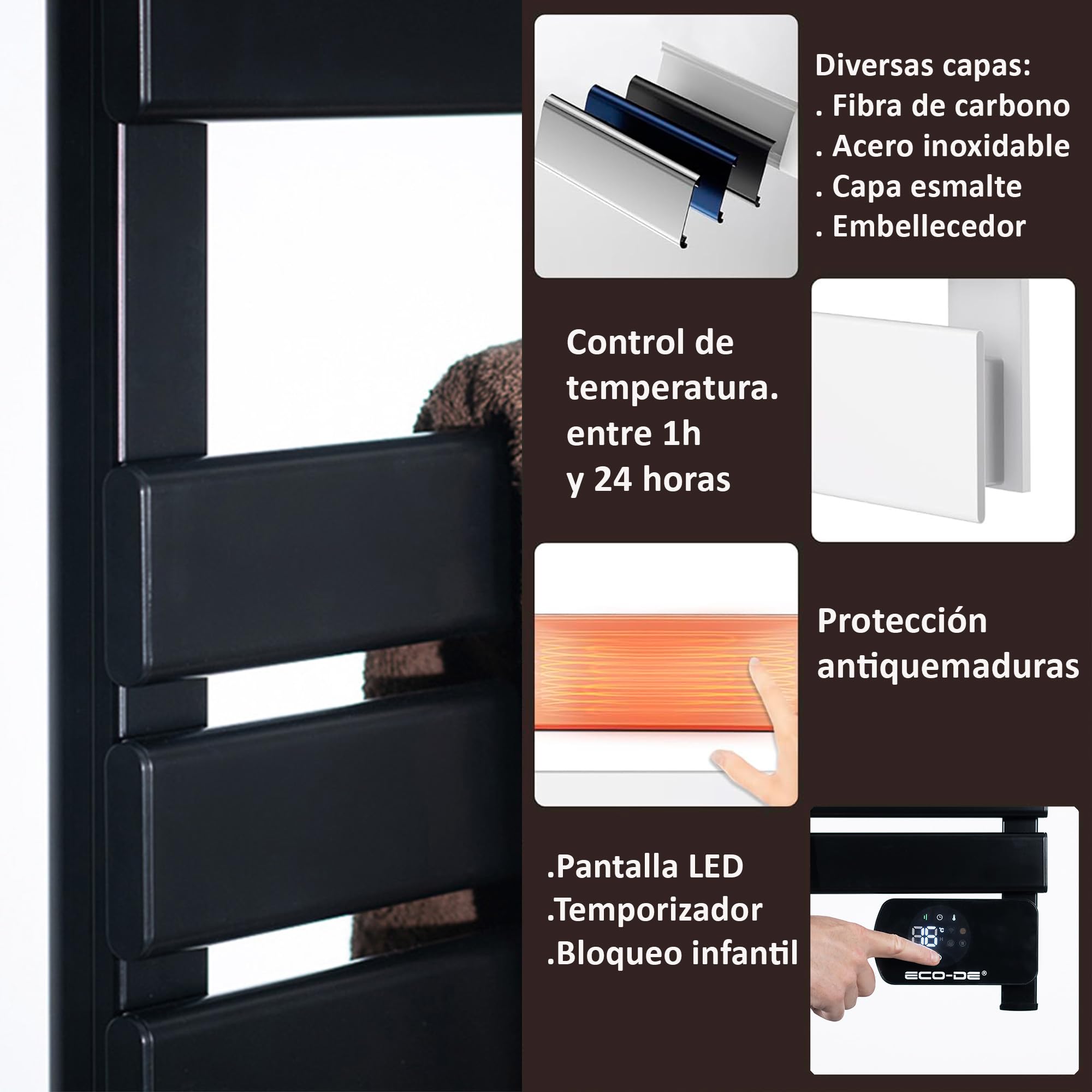 ECODE® Toallero Electrico de Baño con WiFi y Patas, Programable, Pantalla LED, Secatoallas, Control App Tuya - Radiador Secador Calienta Toallas con Termostato, Protección IP24, 500W, Blanco