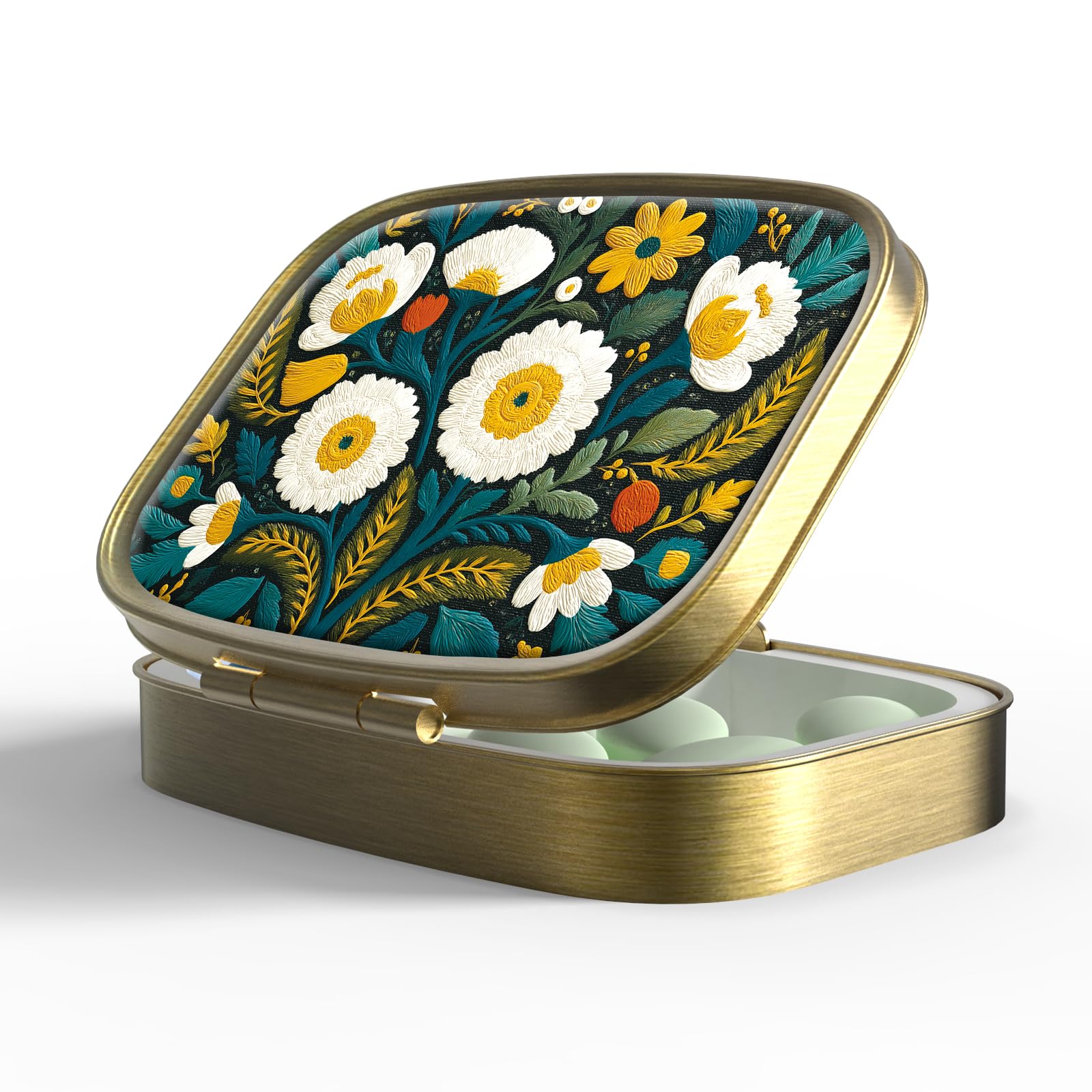 Small Pill Box Pill Case with Mirror Retro Pocket 2 Compartment Pill Holder for Purse or Pocket Bronze Portable Medicine Vitamin Container Fish Oil and Supplement Storage BPA-Free(Daisy)-image-25