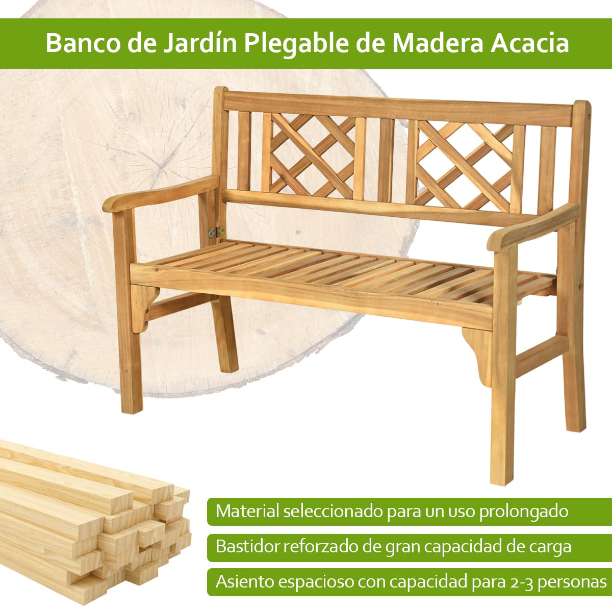RELAX4LIFE Banco de Jardín Plegable de Madera Acacia con Reposabrazos para 2-3 Personas, Banco Exterior Ergonómico para Terraza, Balcón y Jardín, 120 x 56 x 90 cm, Carga 320 kg, Natural