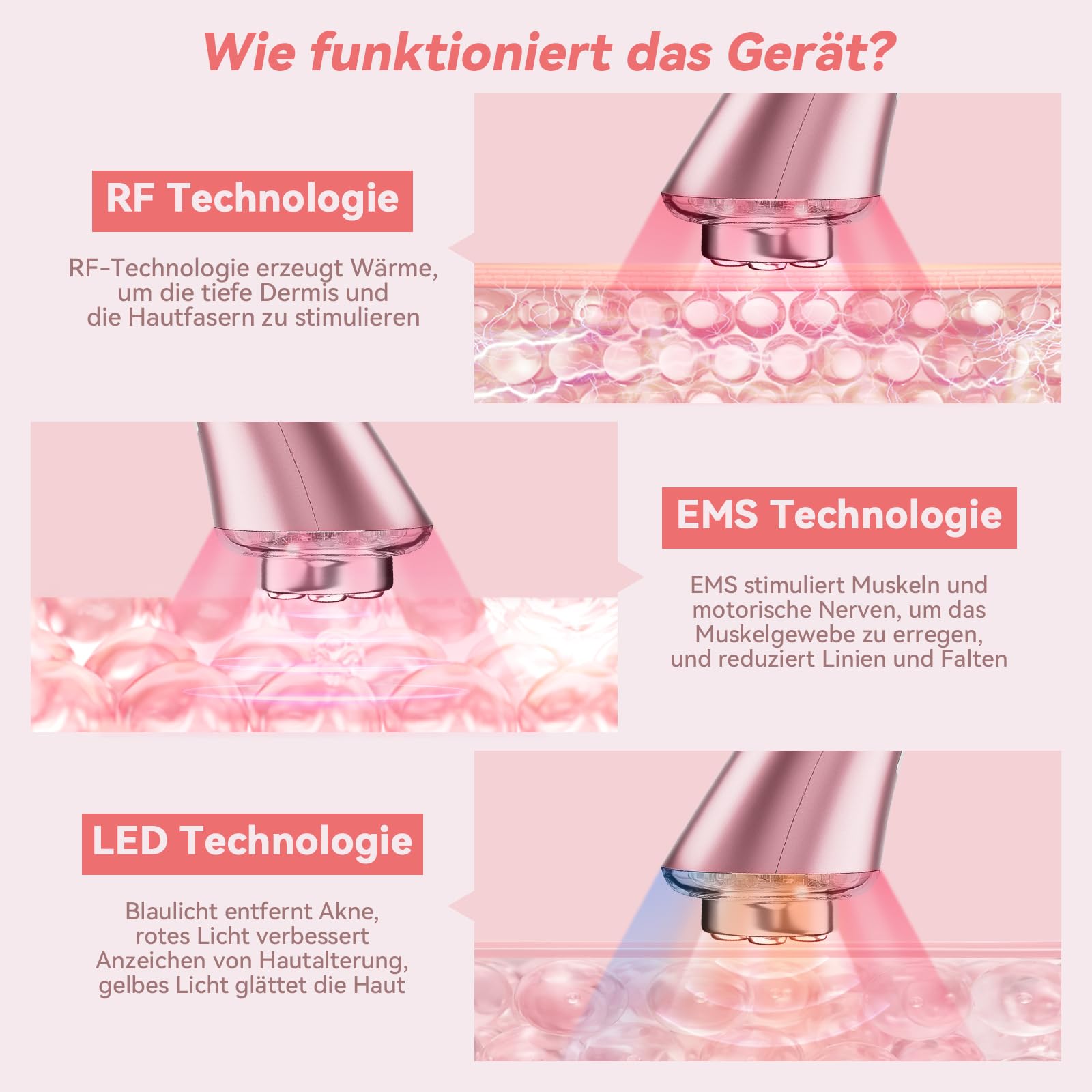 CARER SPARK Gesichtsmassagegerät Gegen Falten Skin RF Schönheitsgerät mit 3 LED Licht EMS Phototherapie für Anti-Aging Faltenreduzierung feine Linienreduktion Radiofrequenz Hautpflegegerät