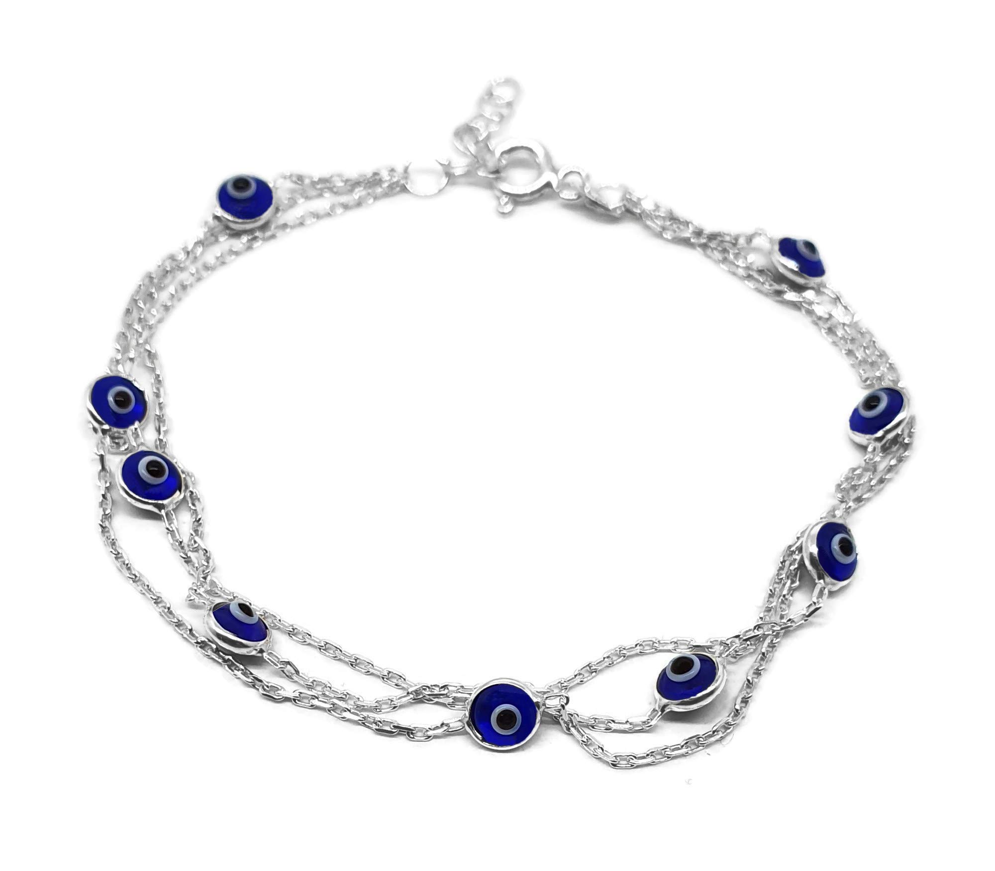 MYSTIC JEWELS by Dalia - 19 cm Silver Evil Eye Bracelet on Triple Chain with Little Eyes - for Good Luck, Crystal,