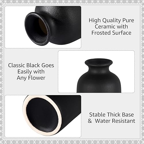 Miniatura 3 de Uiifan Paquete de 6 jarrones pequeños de cerámica negra a granel, jarrones rústicos de hierba de las pampas, jarrones de mesa bohemios, jarrones de