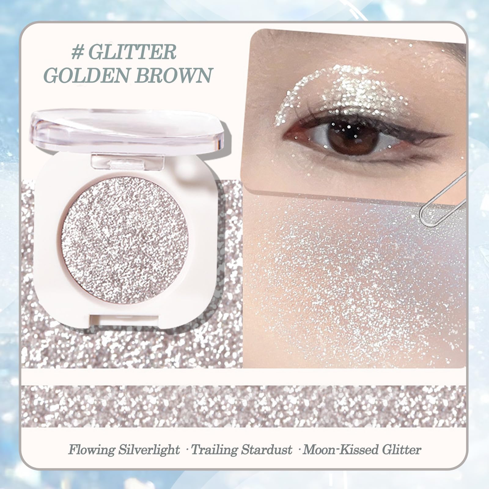2 Colors Set, Silver Glitter & Mocha Brown Eyeshadow, Single Pressed Powder, Shiny Shimmer Finish, Highly Pigmented - Image 2