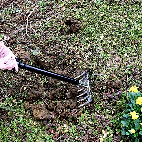 Japanese Garden Rake Cultivator Long Handle 17-3/4\" Heavy Duty Japanese Steel 7 Claw Wood Handle, Made in JAPAN, Hand Cultivator Tool for Digging, Weeding, Cultivating, Silver