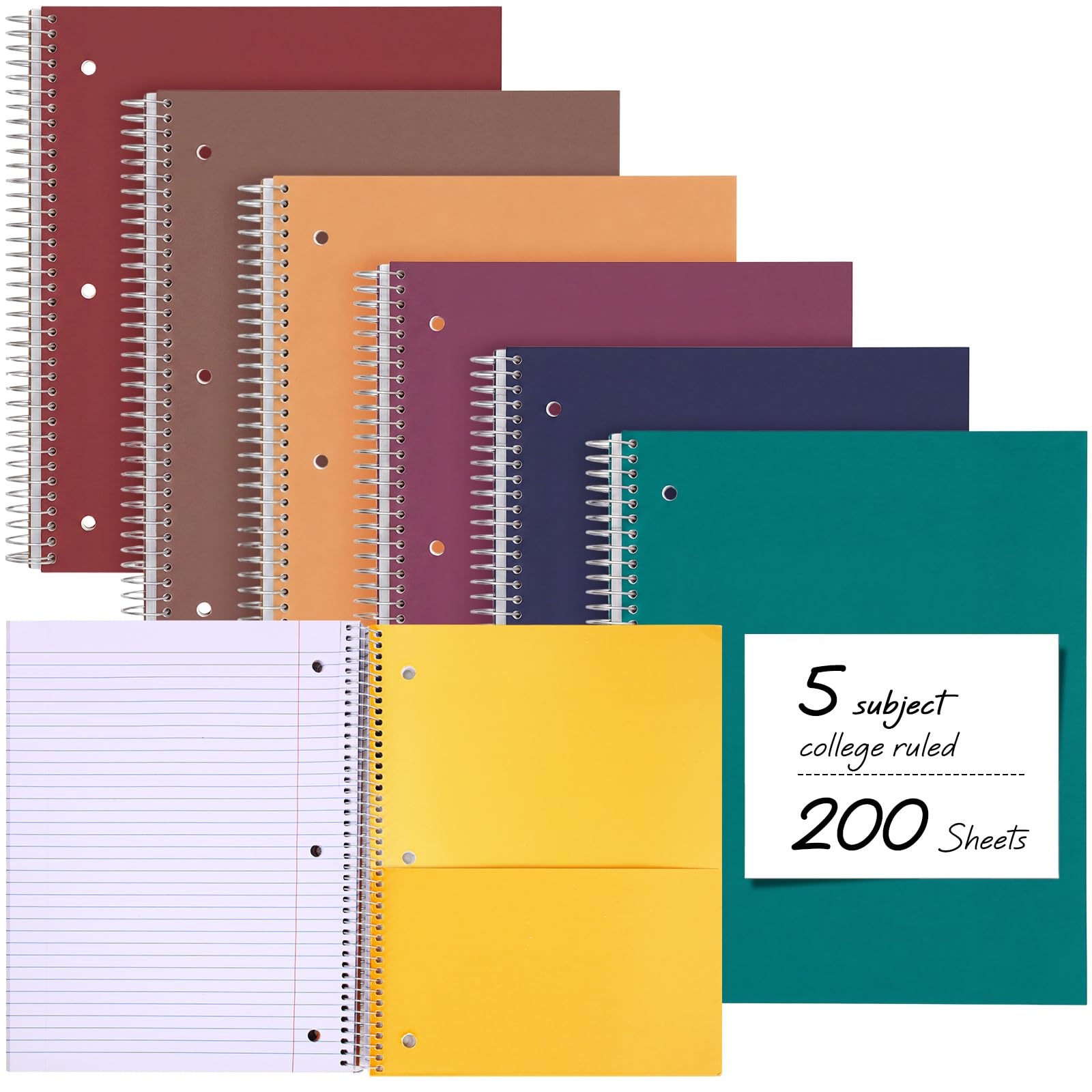 Qilery Confezione da 6 quaderni per 5 soggetti, a righe, con copertina rigida, 200 fogli spessi, 20 x 26 cm, a spirale, 3 fori, colori assortiti, linea facile da strappare, per ufficio (colore