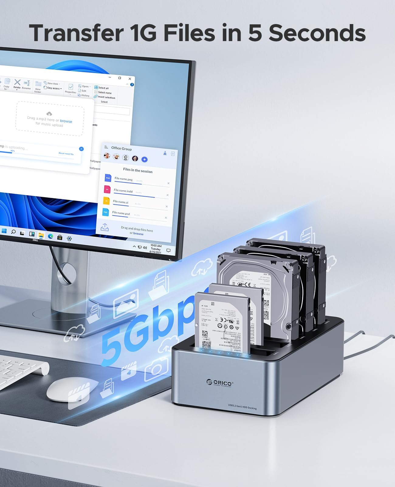 ORICO Clon 6656C3-C - Estación de acoplamiento USB 3.2 Gen 1 para discos duros (5 bahías, 2,5/3,5 pulgadas, SSD/HDD hasta 20 TB, clonación fuera de línea, fuente de 12V)
