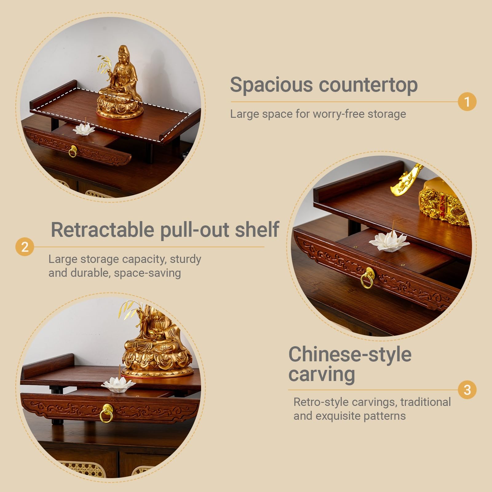 Mały stół do medytacji z wysuwaną szufladą, buddyjski stojak ekspozycyjny do domowego biura, drewniany stojak na posąg Buddy