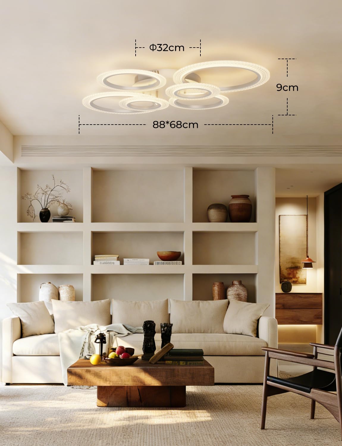 Lámpara de Techo LED Inteligente Diseño de Anillos Moderno, Plafón WiFi 80W 8000LM Regulable, Compatible con Alexa y Google Home, Control por App y Mando, Ø88cm para Salón Dormitorio, Blanco