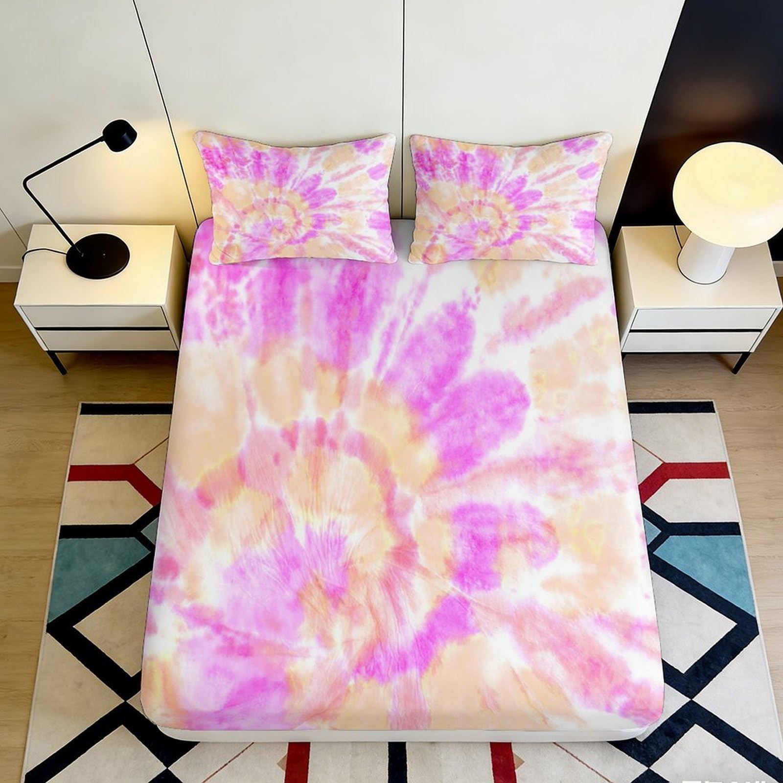 3D Printed Pink Yellow Tie Dye Fitted Sheet Microfiber Soft Breathable Spiral Pattern Mattress Cover for Bedroom Dormitory Guest Room Mattress Protection 180x200x25cm