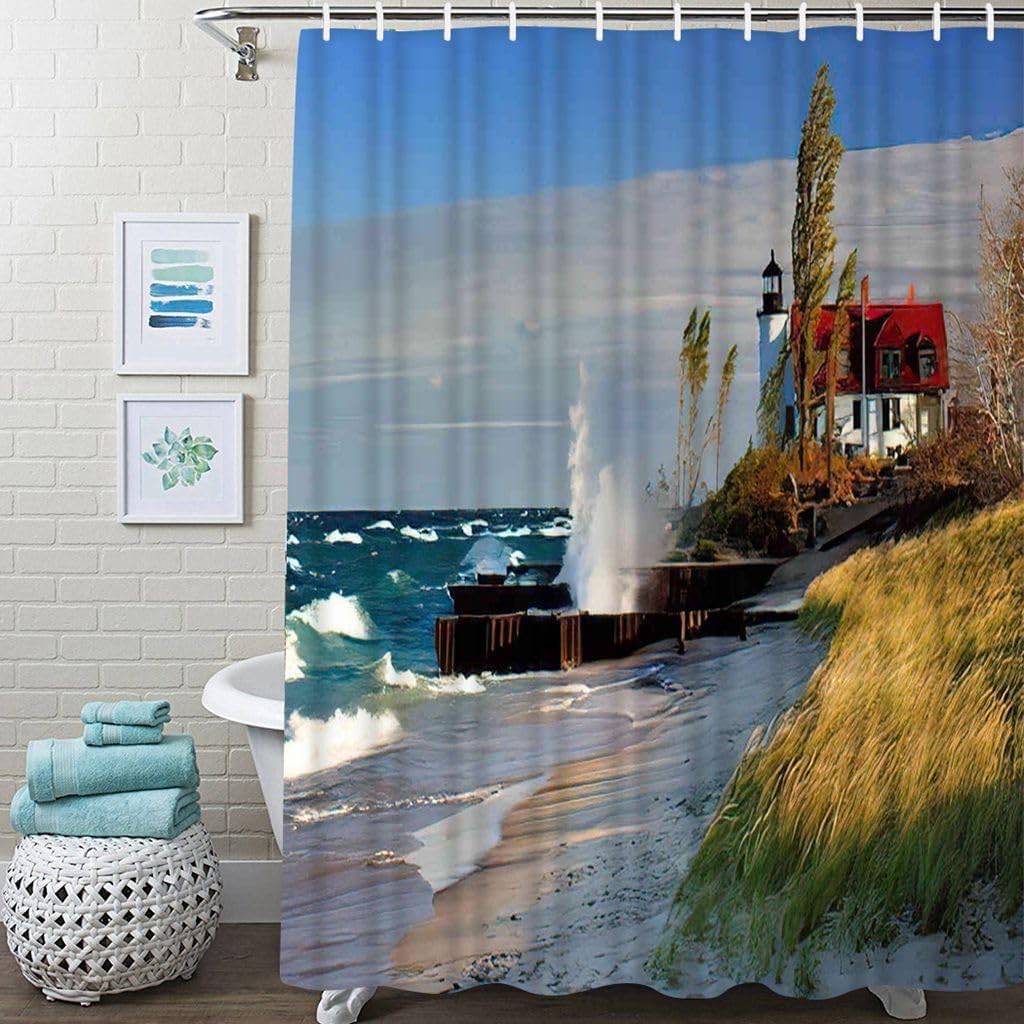 Michigan Shower Curtain Set Landscape Point Betsie Lighthouse Frankfort USA Gale Force Wind and Bathroom Curtains Polyester Fabric Waterproof Bath Curtains Decor 72" W x 72" L with Hooks