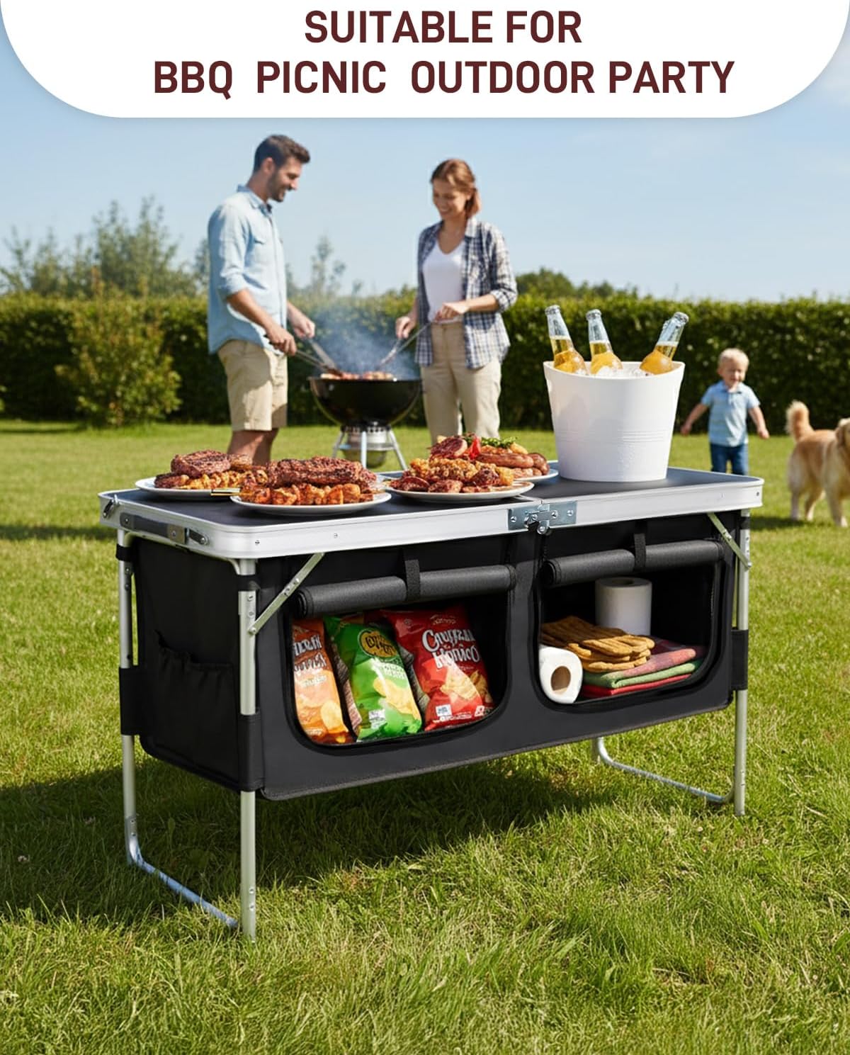 Outvita Folding Table, 4FT Aluminum Camping Table with Large Storage Space and Adjustable Height Picnic Table Lightweight for Carring Outdoor Party Events Beach