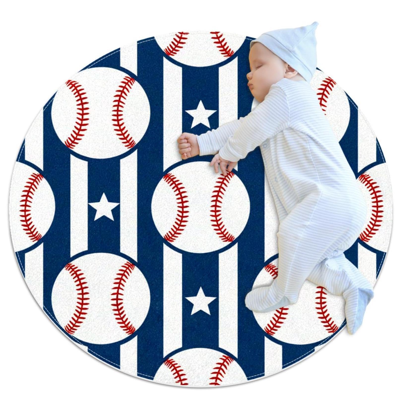 Tapis salle de bain antidérapant rond baseball bleu 1 m
