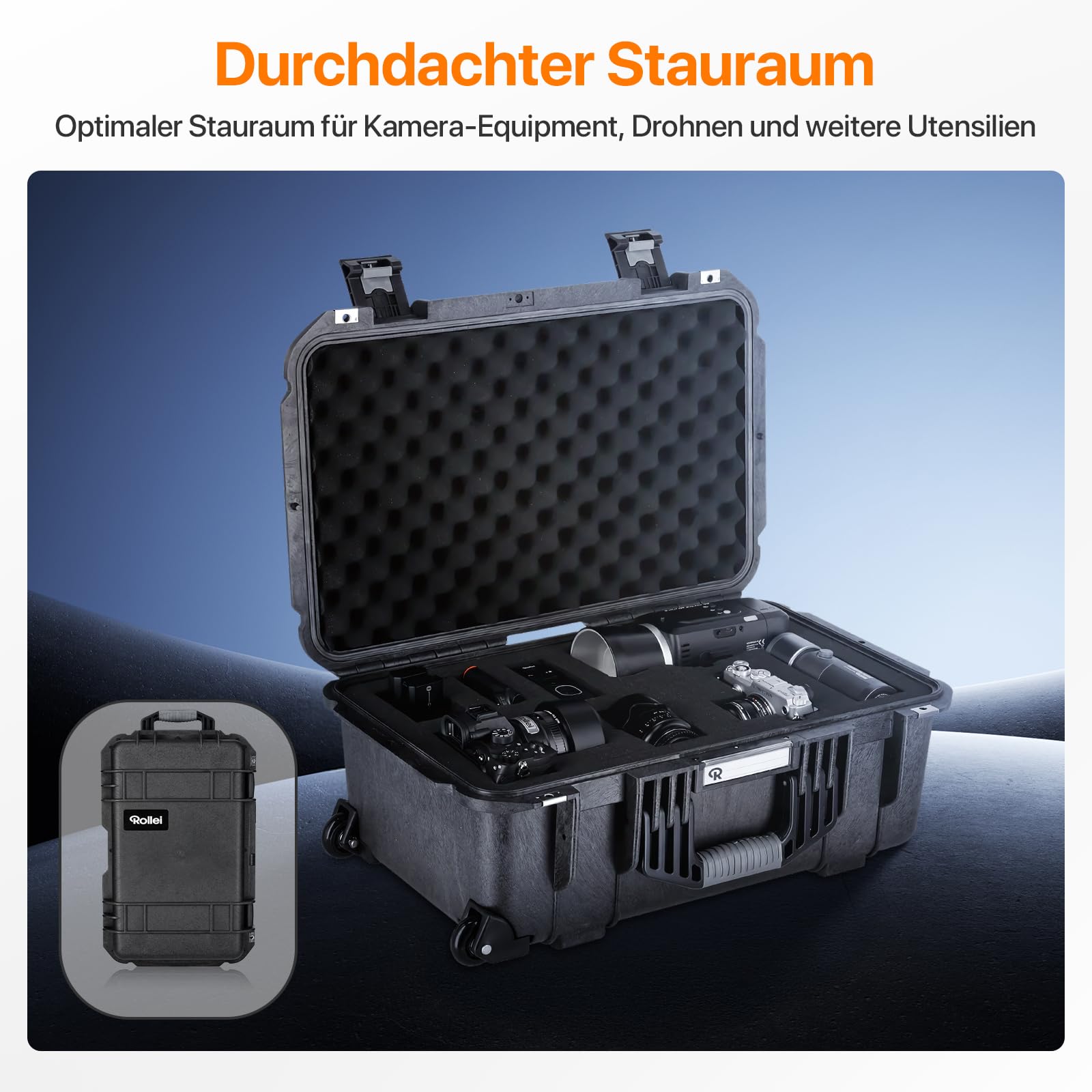 Rollei Kamera Koffer Trolley, Extrem Robuster Bruchsicherer & Wasserdichter Groß Fotokoffer mit Rollen, Outdoor Camera Suitcase Automatischer Druckregulation & Diebstahlschutz, Kamera-Koffer-Trolley
