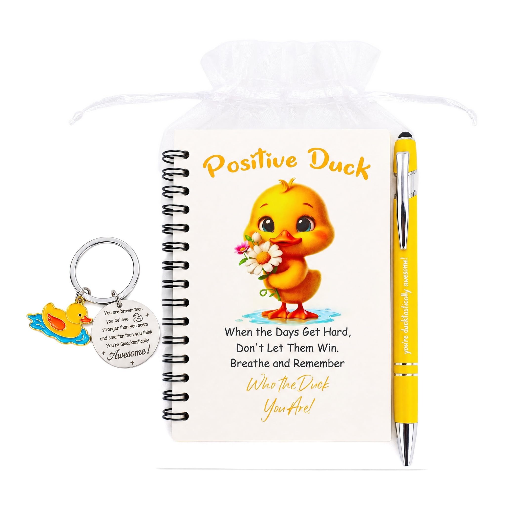 YCDKK Lucky Duck Gifts, 4 Pcs Positive Energy Inspirational Set with Notebook, Pen, Keychain & Pouch, Perfect Birthday & Thank You Presents for Women, Men, Friends (Duck Gifts)