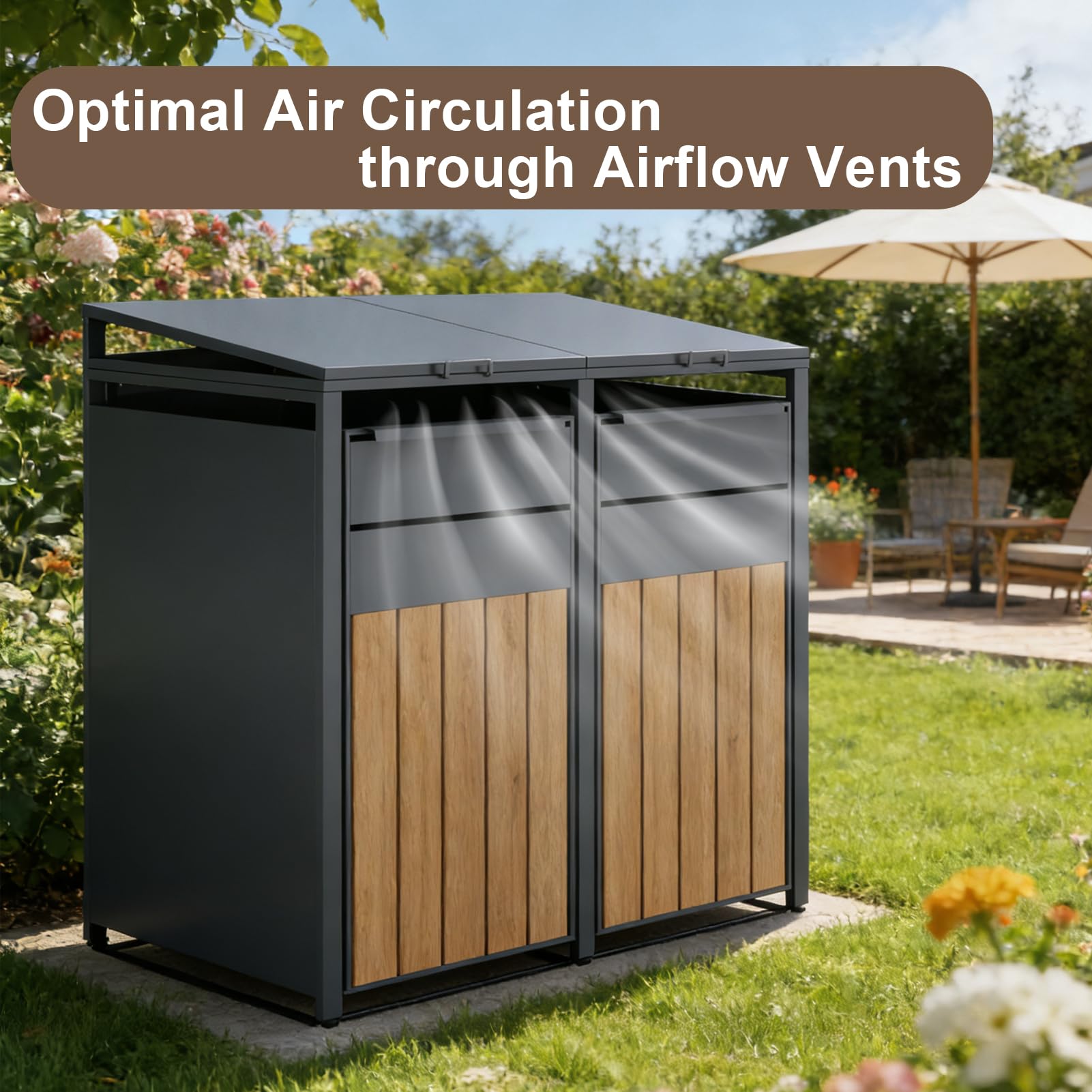 OMERAI Double Wheelie Bin Storage for 60-240 L,Weather-Resistant Outdoor Garden Bin Hideaway with Assisted Lift Lid Easy Use,Powder-Coated Steel Anthracite with Walnut Brown Doors — view 6
