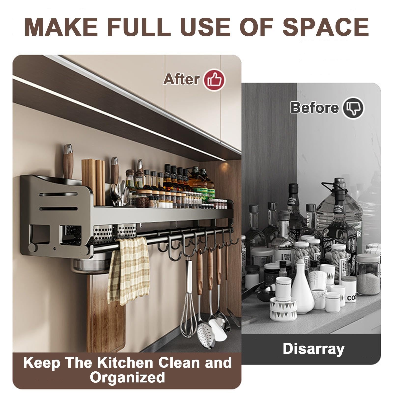Estante Cocina Pared Acero Carbono, Soporte Utensilios con Ganchos