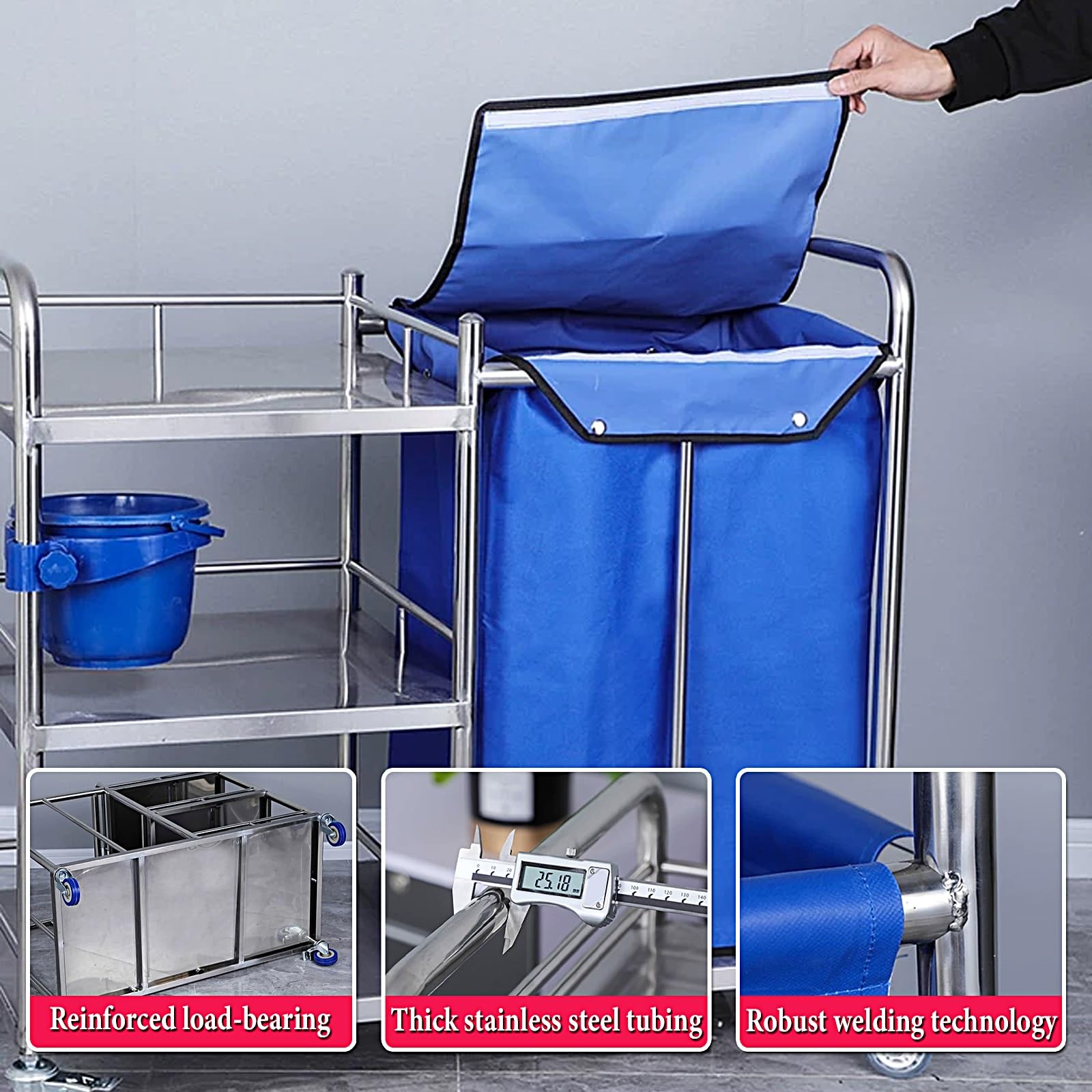 Gewerblicher Wäschewagen mit Rollen Aus Edelstahl 3-Stufiger Wäschesortierer mit Rädern Großer Wäschekorb mit Wasserdichtem Wäschesack für Hotels Restaurants Schulen(90x45x86cm)