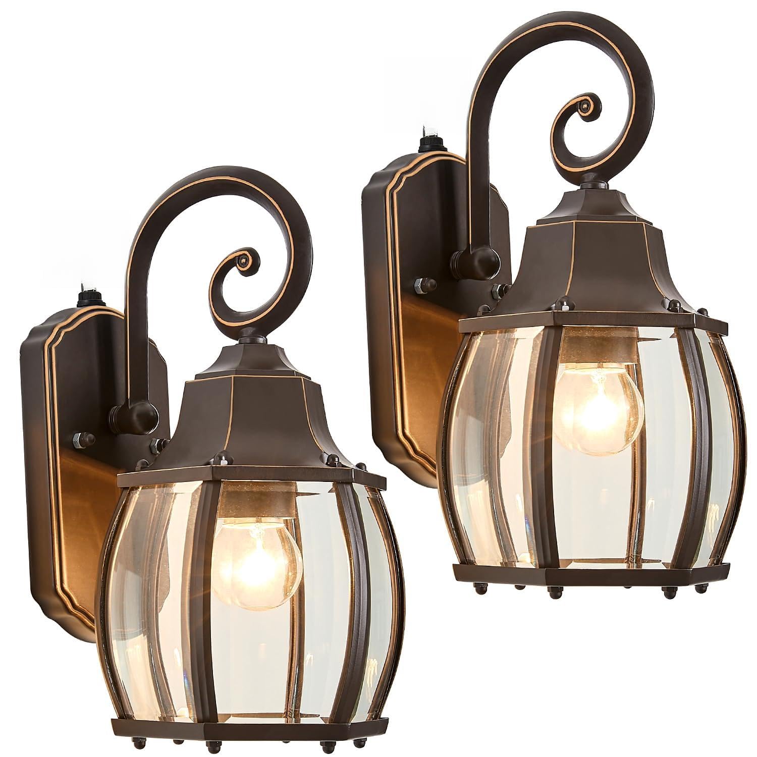 Dusk to Dawn Outdoor Wall Light in Oil Rubbed Bronze with Gold Rim 2-Pack Wall Lamp Outside Sensor Exterior Light Fixtures Wall Mount Porch Light E26 Exterior Wall Sconces for House Garden